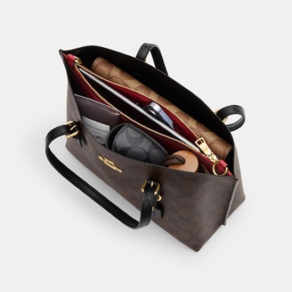 Coach Signature Tote in Brown with Red Accents